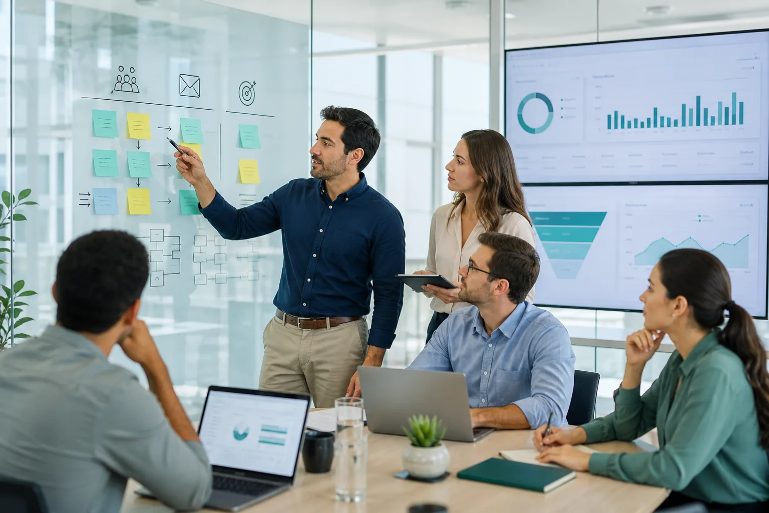 Equipe comercial planejando ICP, cadência outbound e critérios de segmentação para prospecção B2B com Apollo