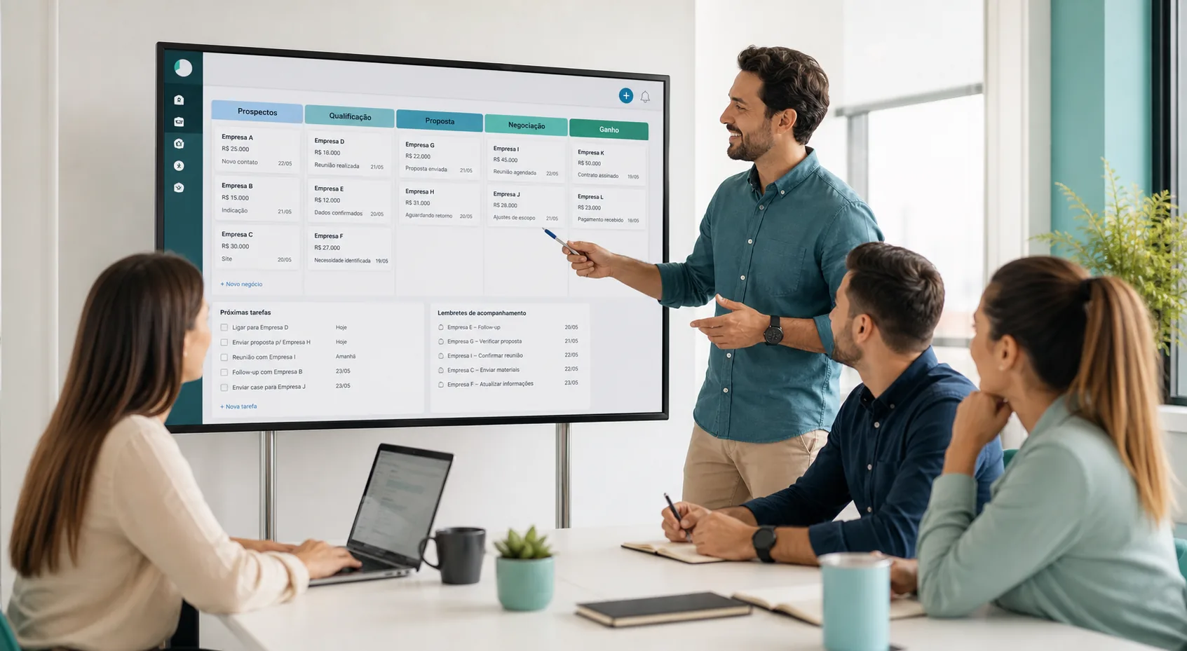 Time comercial em reunião analisando pipeline e tarefas automatizadas em um dashboard de CRM projetado na tela