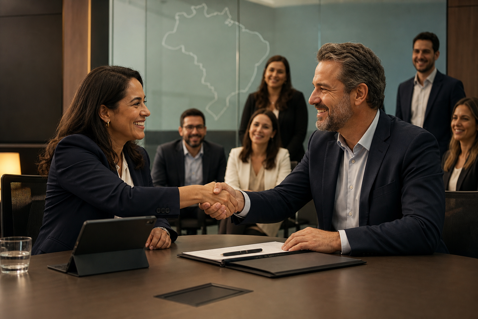 Fechamento de negócios com aperto de mãos e contrato assinado