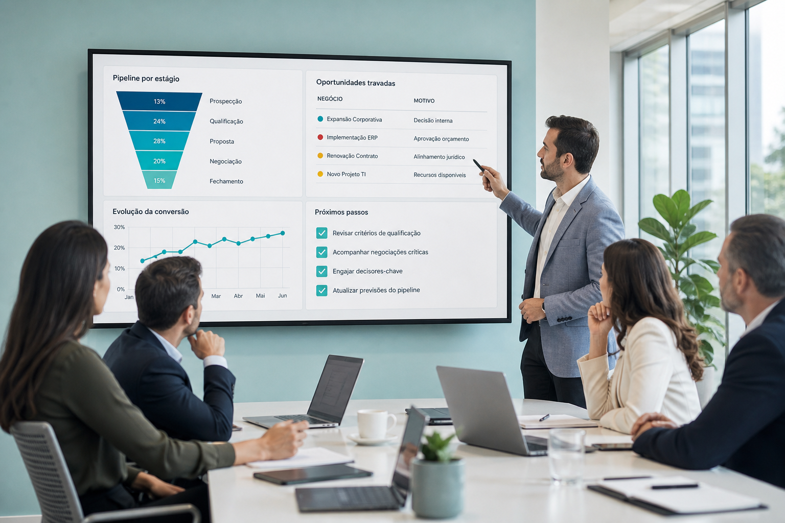 Commercial leadership dashboard with pipeline review and next-step actions