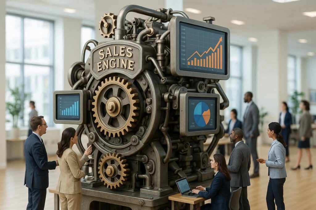 Motor de vendas sendo observado por consultores de vendas e gestores para saber como estão indo as vendas