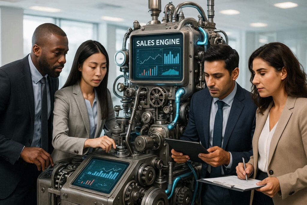 Consultores de vendas estudando como está o motor de vendas de um cliente com um gráfico no motor monitorando as vendas. 